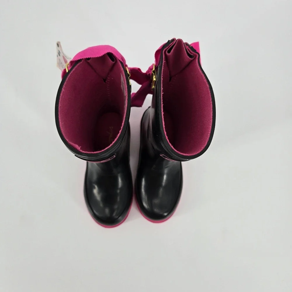 Joules‎ Bow Welly Girls Rain Boots Black Pink Ribbon Waterproof Size US 9 NWT